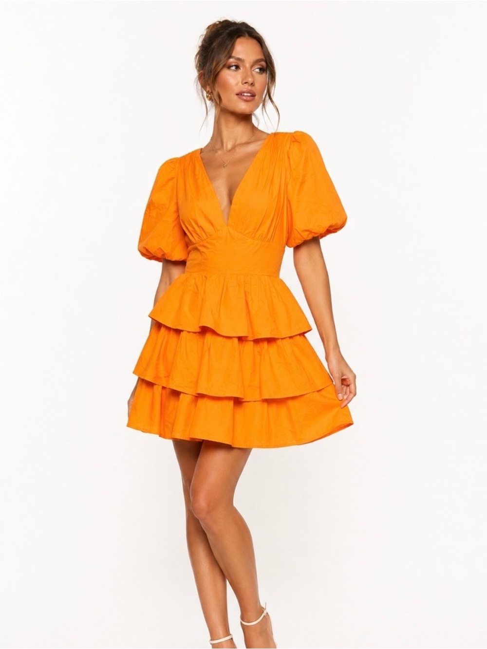 Lena Tiered Orange V-Neck Puff Sleeve Dress